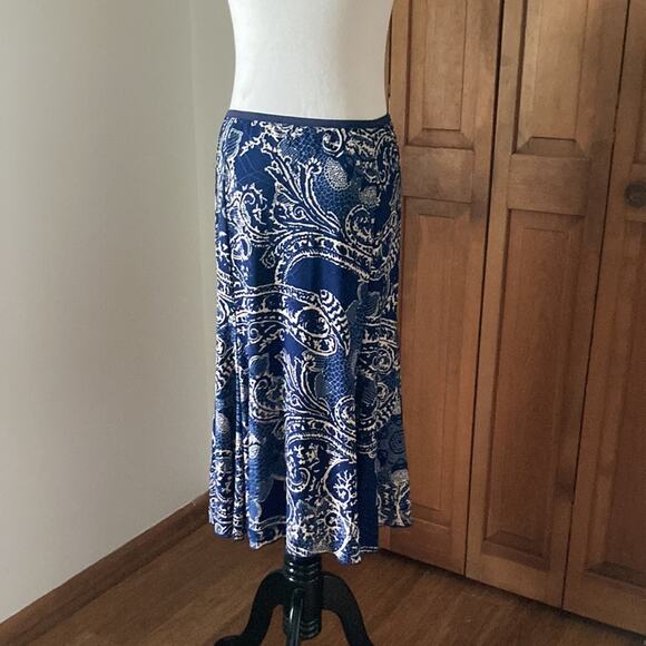 Snoskins Blue & Cream Stretch Pull On Midi Skirt, Size S - Picture 3 of 7